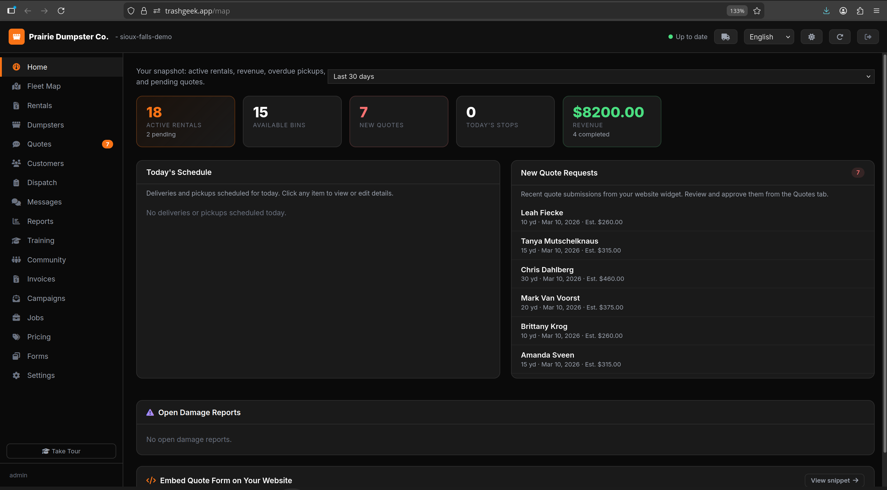 TrashGeek dispatch dashboard showing fleet map, active rentals, and scheduling board