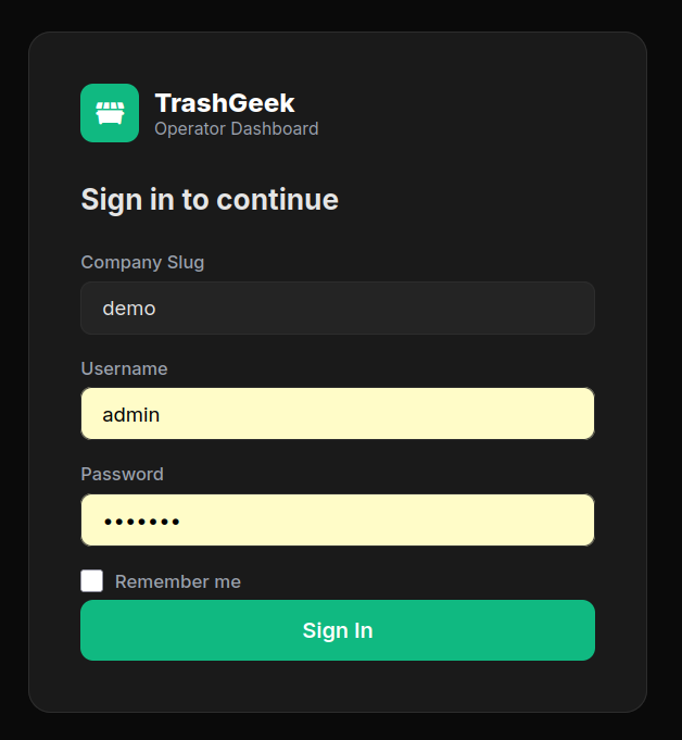 Login screen with company slug, username, and password fields