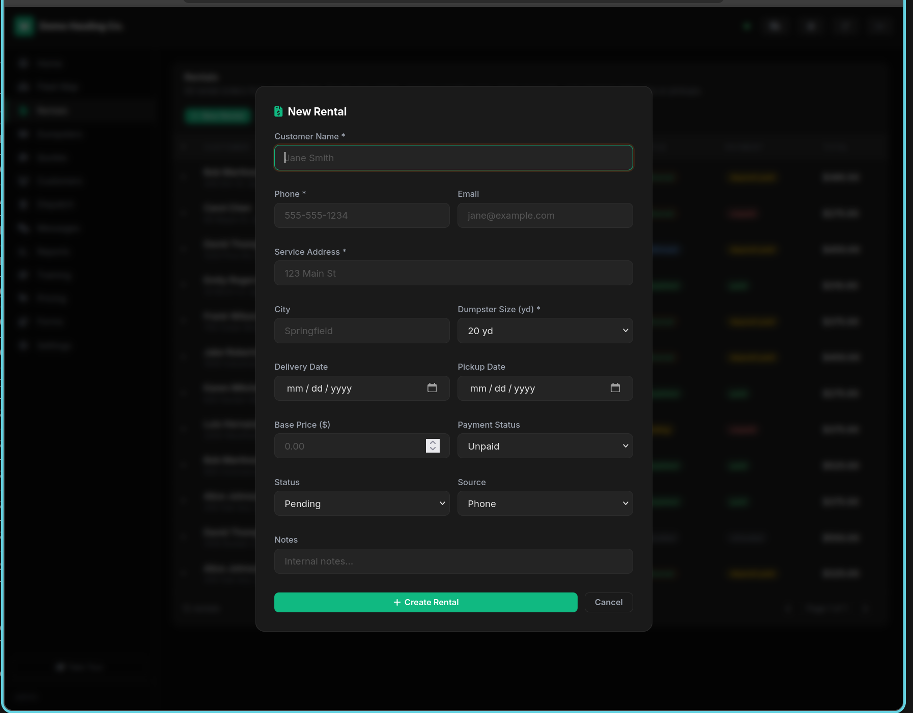 New rental form with customer fields and dumpster selection