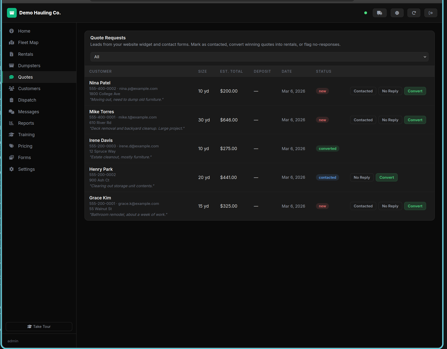 Quotes list with new, contacted, and converted statuses