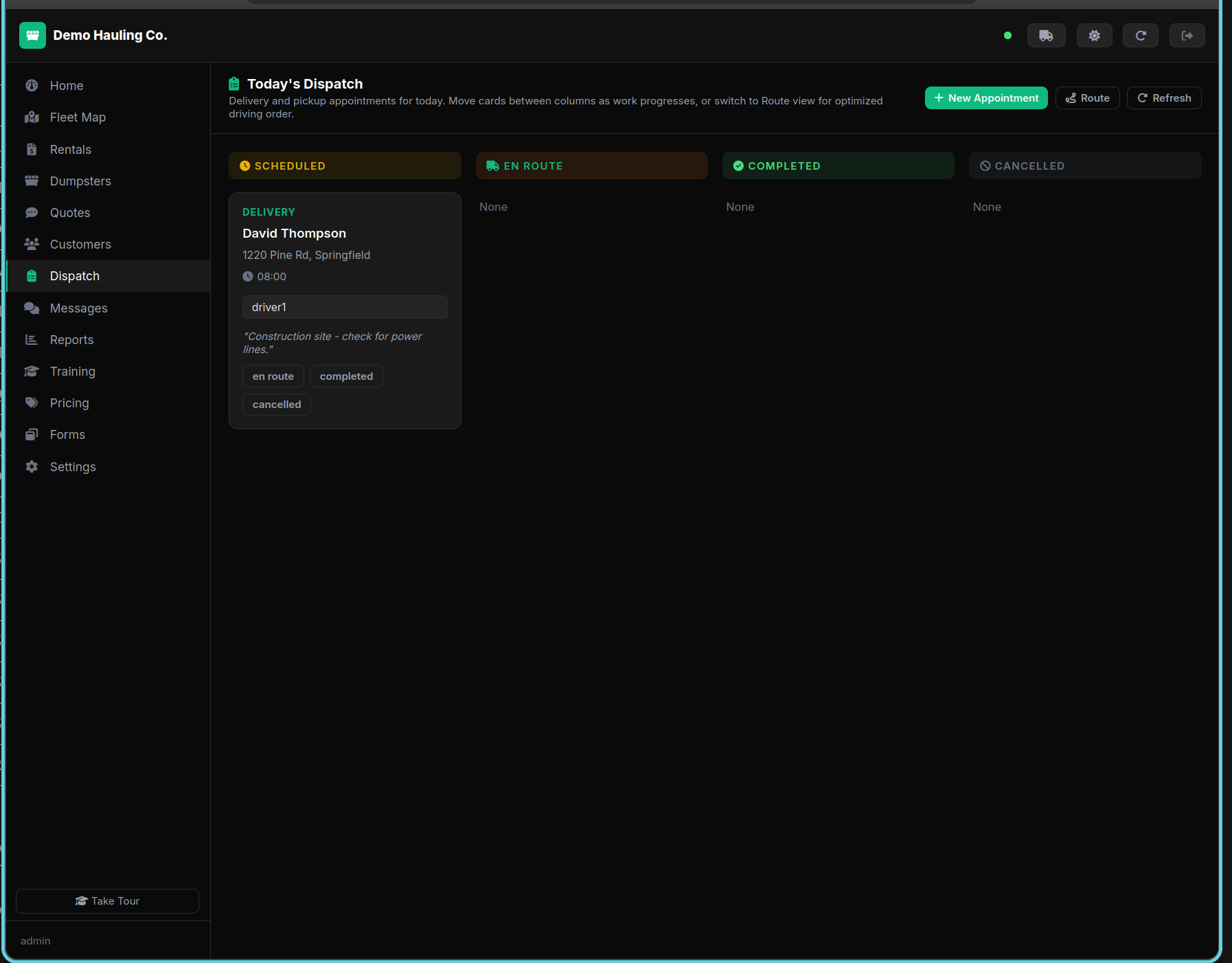 Dispatch kanban board with appointment cards in columns