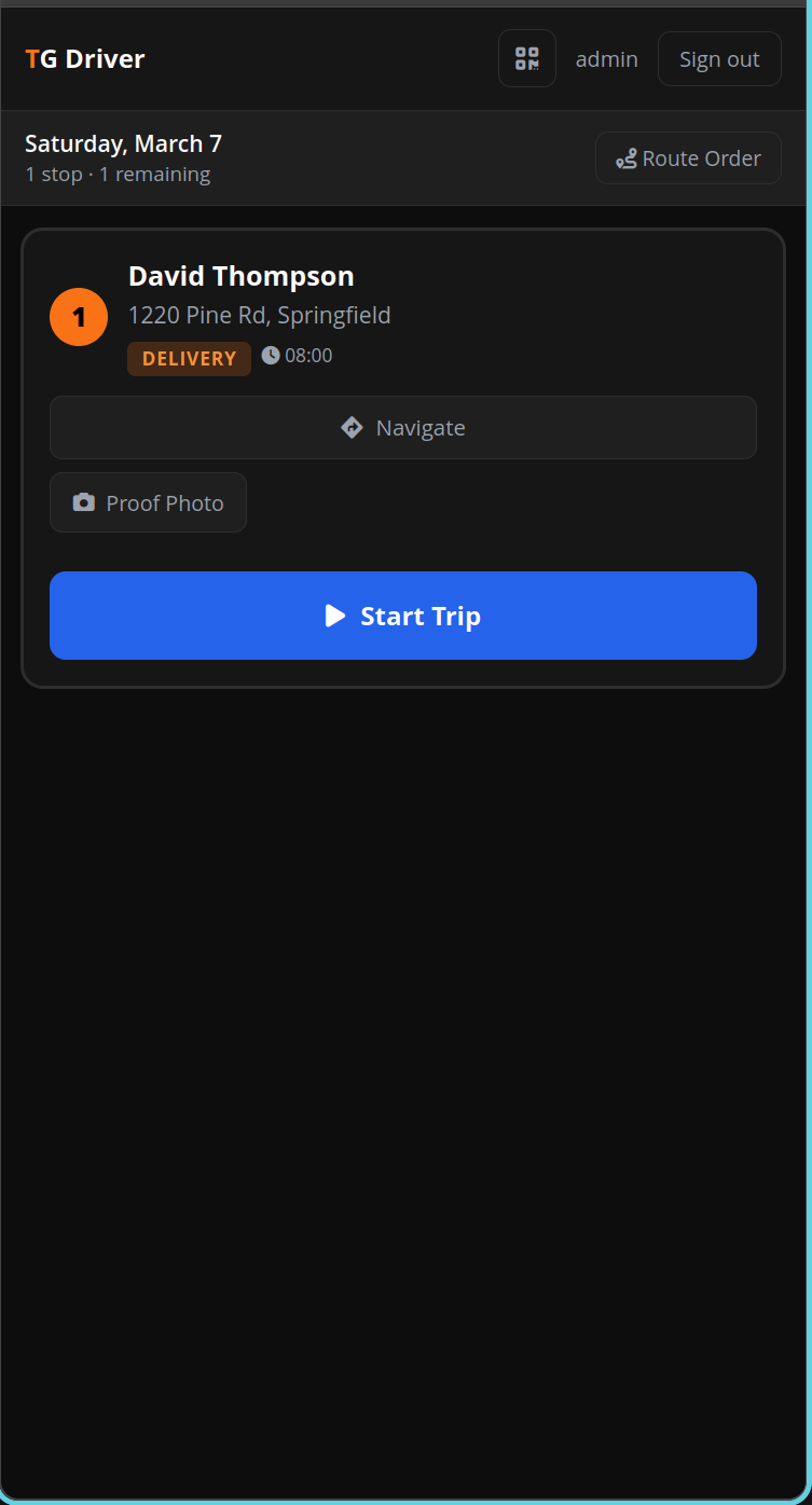 Driver app showing today's stops with navigate buttons
