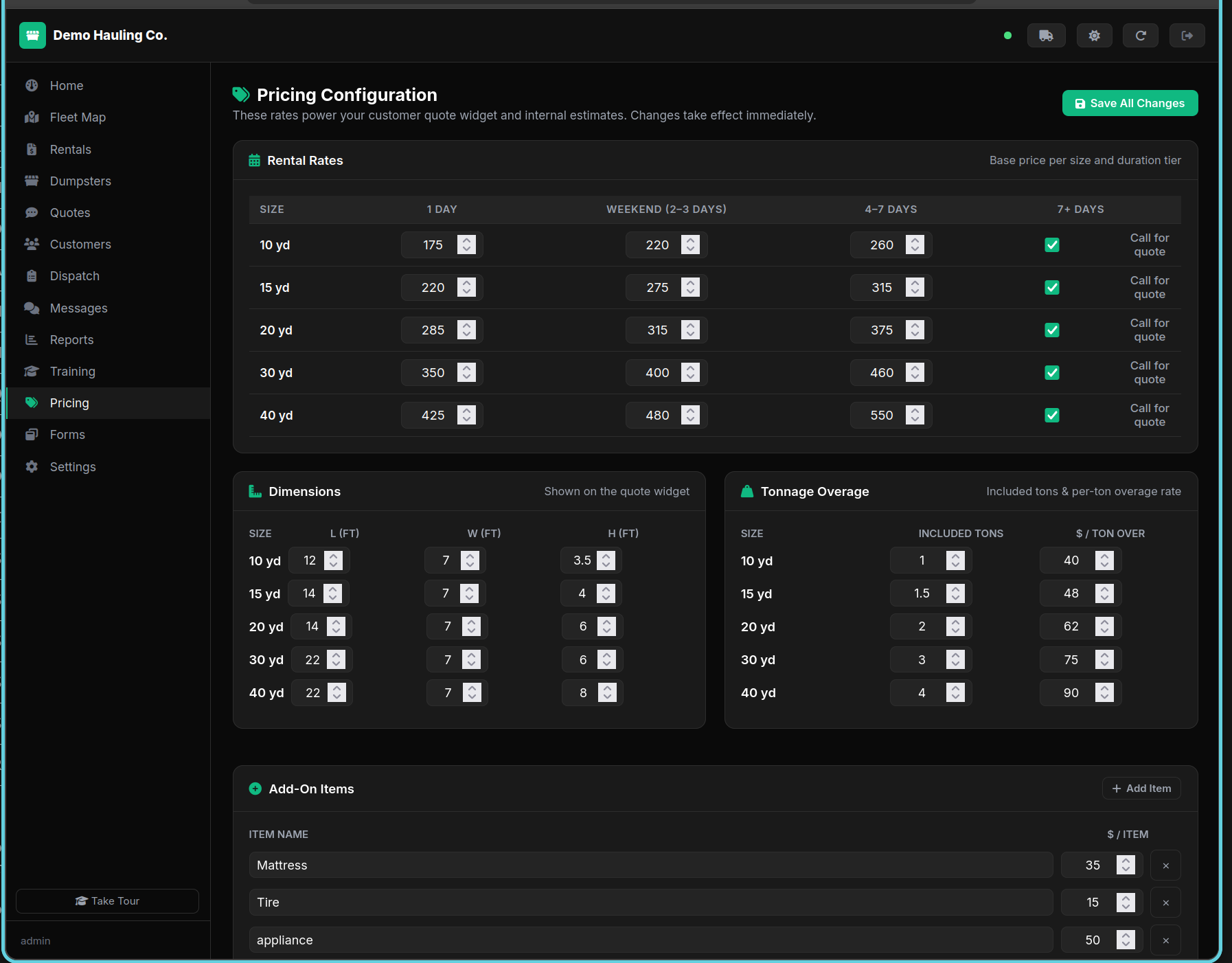 Pricing page with rate cards, dimensions, and add-on fees