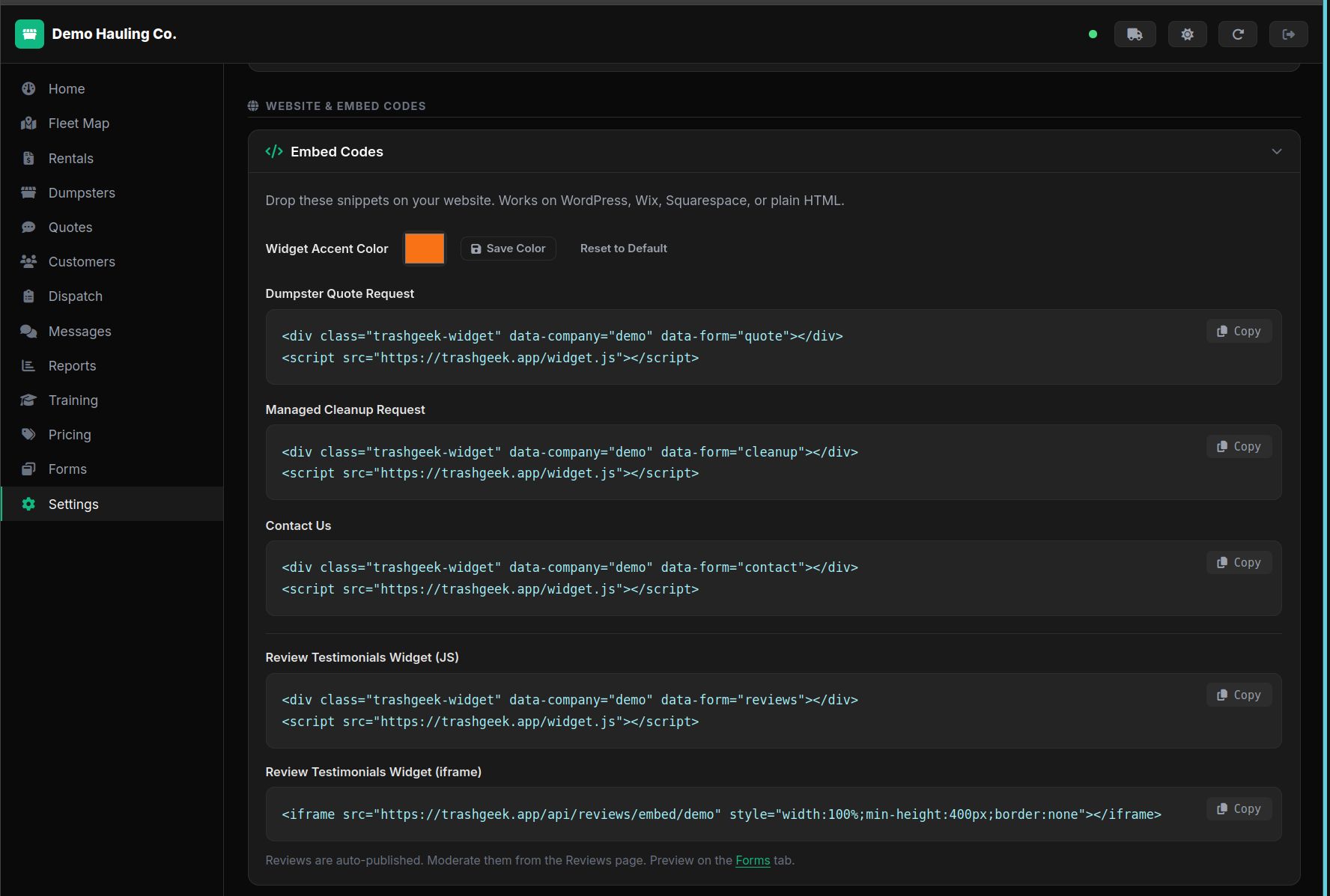 Settings embed codes section with copy buttons for each form type